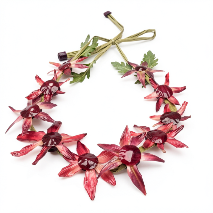 Couronne KANZA Fleur recto-verso Feuille d'artichaut et son oignon rouge Stabilisé sur raphia
