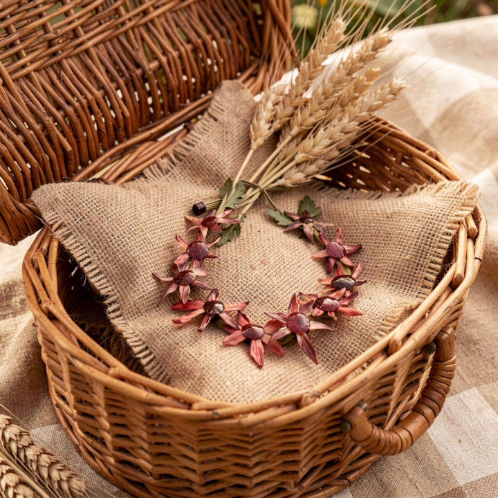 Couronne KANZA Fleur recto-verso Feuille d'artichaut et son oignon rouge Stabilisé sur raphia