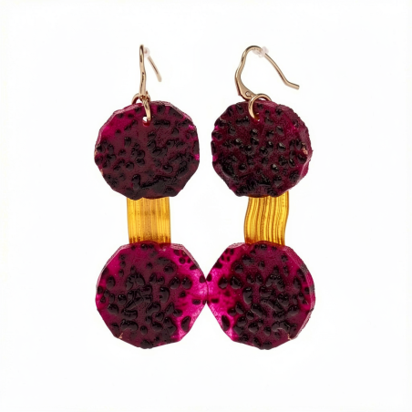 Boucle d'oreille YUKI Rondelles du Fruits du dragon et son bâtonnet en Feuille de maïs Stabilisés