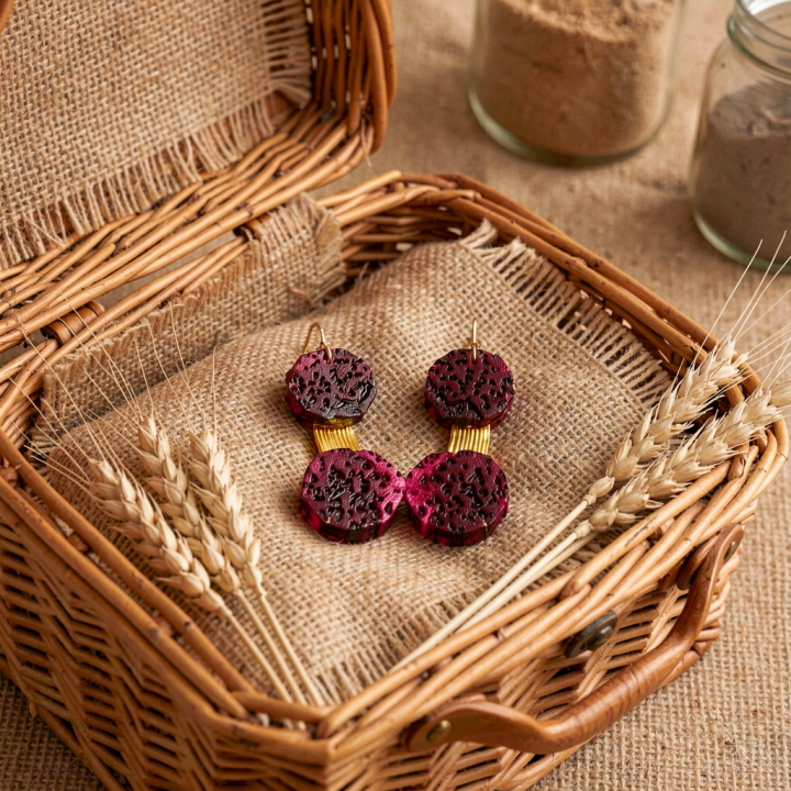 Boucle d'oreille YUKI Rondelles du Fruits du dragon et son bâtonnet en Feuille de maïs Stabilisés